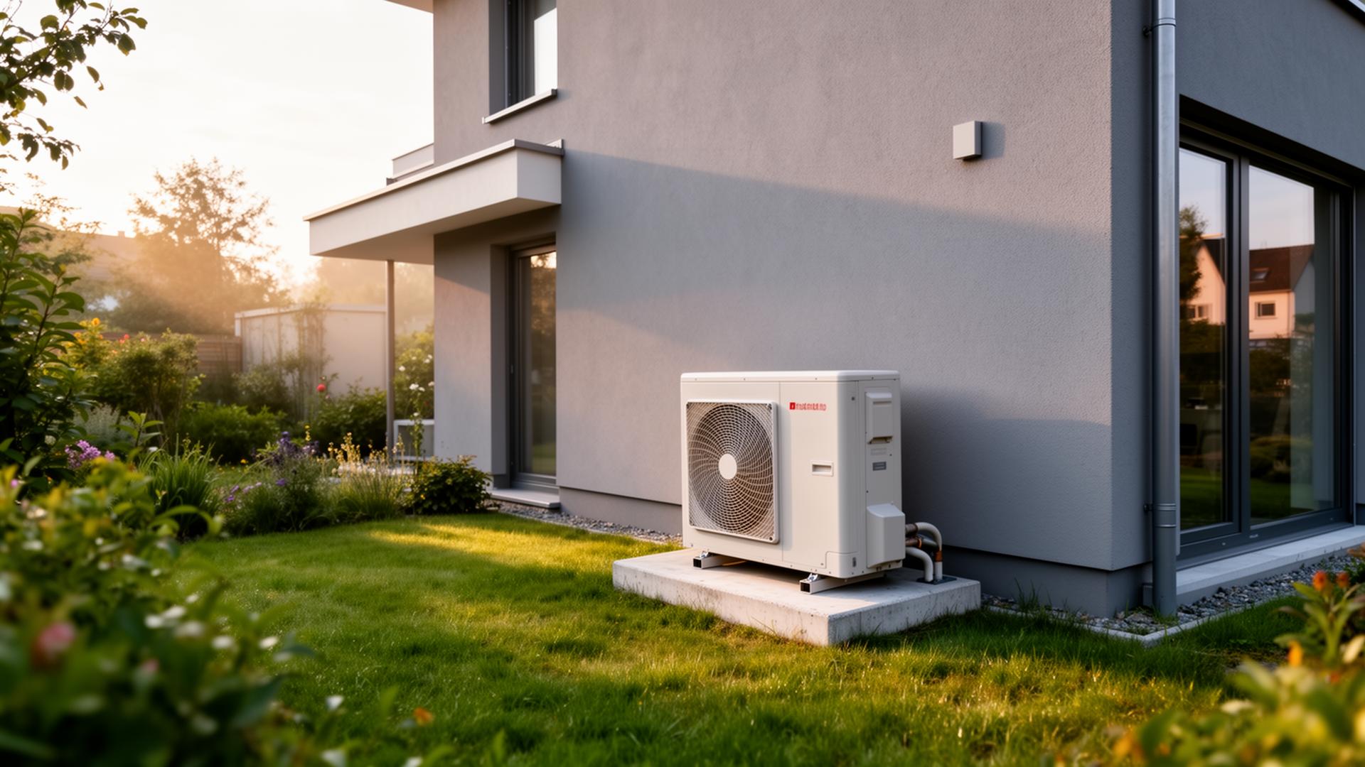 Wärmepumpe vor modernem Wohnhaus
